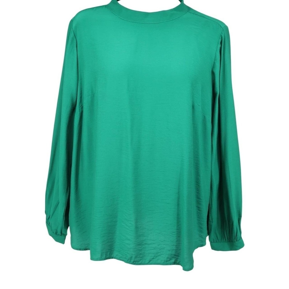 LOFT Plus Kelly Green Mock Neck Button Back Bishop Sleeve Blouse 16 Workwear EUC